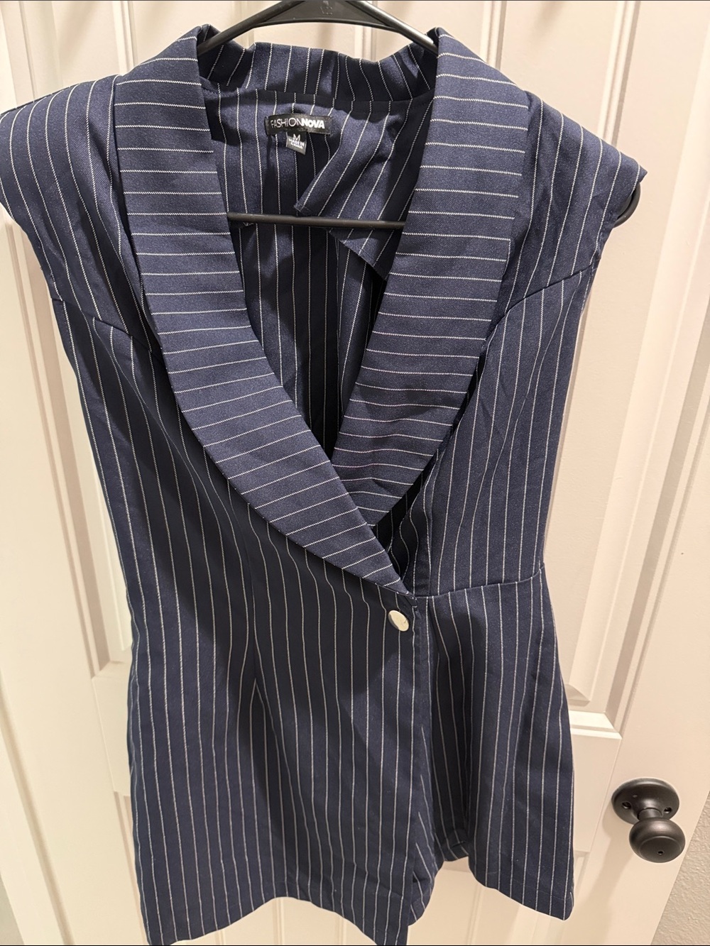 Fashion Nova Navy Pinstripe Sleeveless Wrap Mini Romper